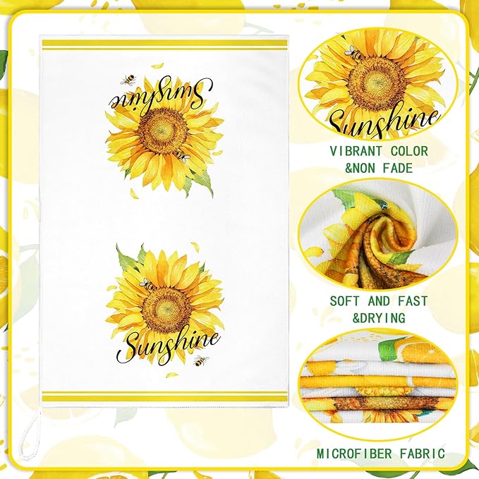 TecUnite 6 Pcs Sunflower Kitchen Towels Lemon Daisy Flower Dishtowels 24 x 16 Inches Floral Absorbent Fast Drying Farmhouse Hand Towels for Christmas Bathroom Gifts Decorations