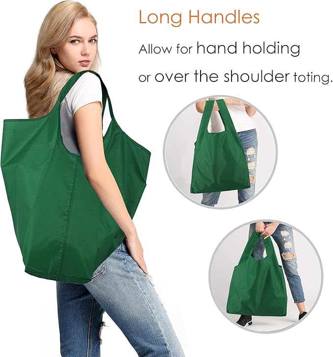 BeeGreen Christmas Green Reusable Grocery Bags Dark Green Reusable Kitchen Bags Bulk with Elastic Band Foldable-Machine Washable with Zipper Storage Pouch 50 Packs