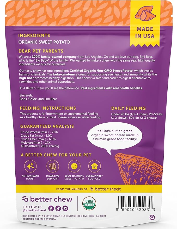A Better Treat – Organic Sweet Potato Dog Treats, Single Ingredient, Dehydrated | Natural, Healthy, Long Lasting Chew, Diabetic Friendly | Sourced and Made in The USA