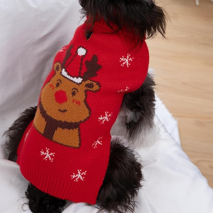 CuteBone Christmas Dog Sweater for Small Medium Dogs Reindeer Knit Red Puppy Sweater Turtleneck Pet Winter Clothes Cat Apparel with Harness Hole