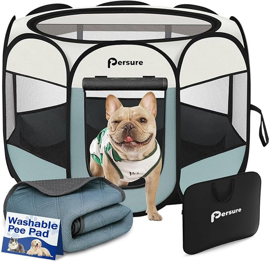 Dog Cat Playpen Indoor Outdoor for Puppy Pet Dogs Cat Recovery After Surgery, Dog Tent Crates Cage Indoor/Outdoor, Portable Pop Up Kennel with Carrying Case for Travel (Grey with Pad, Medium)