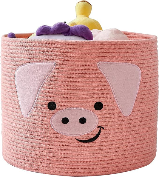 OMERAI Animal Baskets Cotton Rope Woven Storage Basket for Toys Blankets Laundry Nursery, Large Foldable Organizer with Cute Pig Design and Handles, 15"D x 12.6"H (Pink)