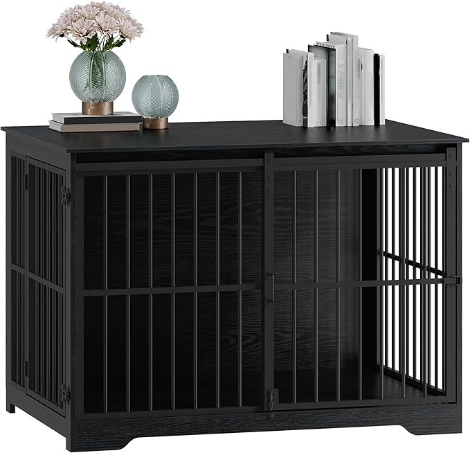 XL Large Dog Crate Furniture, 44.1" Indoor Dog Kennel Furniture with Barn Door, Wooden Tall Dog Crate, Heavy Duty Dog Cage for Large Dogs, Side End Table, Anti-Chew, Black DFC80104B