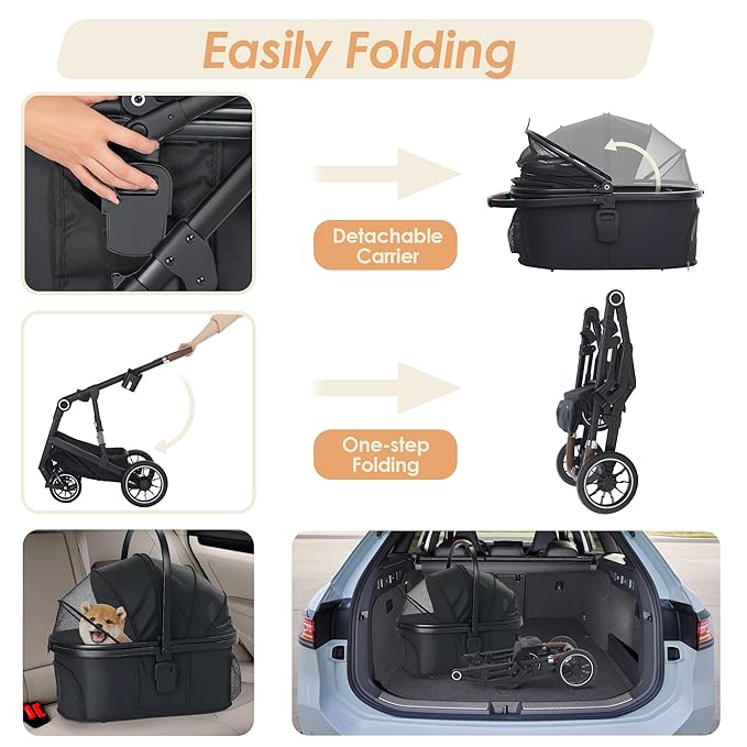 Pet Stroller with 4 Wheels, 3 IN 1 Folding Puppy Strollers for Small/Medium Dogs Cats up to 50lbs, Lightweight Pet Travel Carrier with Detachable Cushion, Storage Basket and Cup Holder, Black