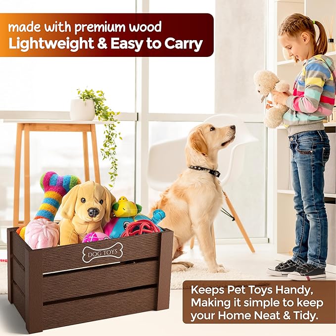 Hope Haven Wooden Dog Toy Bin – Chew-Resistant Toy Storage Box – Large Capacity Basket for all Pet Accessories – Heavy Duty, Pet-Safe Design for Organizing Dog Toys, Leashes, Treats, and More