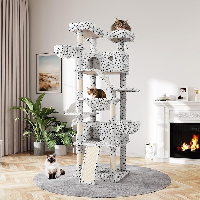 MUTICOR 81 inches Multi-Level Tall Cat Tree Tower for Indoor Kitties/Large Climbing Tree House for Big Feline/Condo/Sisal Scratching Posts/Plush Perches Platforms/Basket Hammock/White & Black Spot