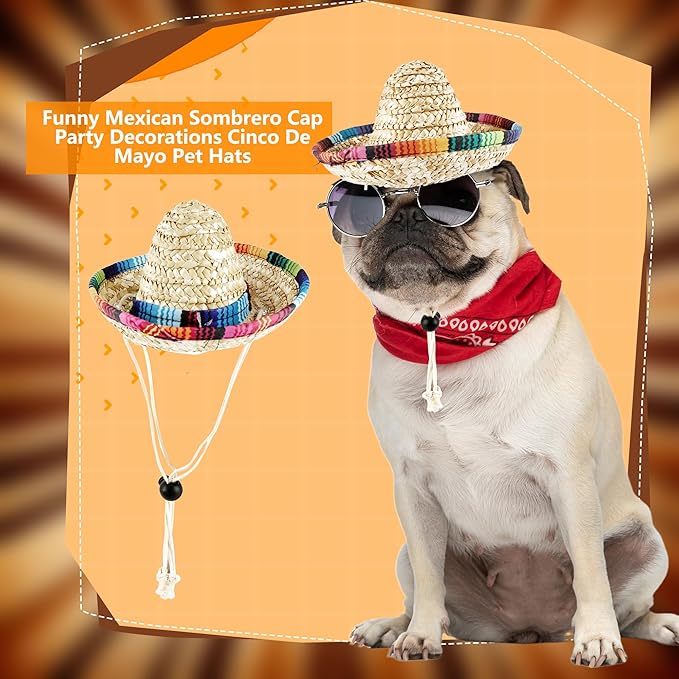 8 Pcs Pet Sombrero Hats Mini Sombrero Cap Cinco de Mayo Fiesta Hat Small Mexican Straw Hat for Puppy Dogs Cats Fiesta Party Decorations