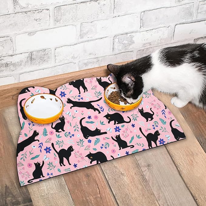 Cat Food Mats for Floor, Dog Water Bowl Mats Pet Feeding Absorbent Placemats for Food and Water Pink 17.7 * 9.8 inch