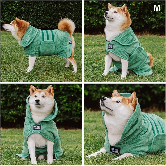 Tuff Pupper Fast Drying Dog Bath Robe | 800 GSM Plush Dog Towel Bathrobe/Dressing Gown | Super Absorbent Pet/Puppy Bathrobe | Adjustable Hood & Belly Strap | Super Soft | Fast Drying (M, Green)