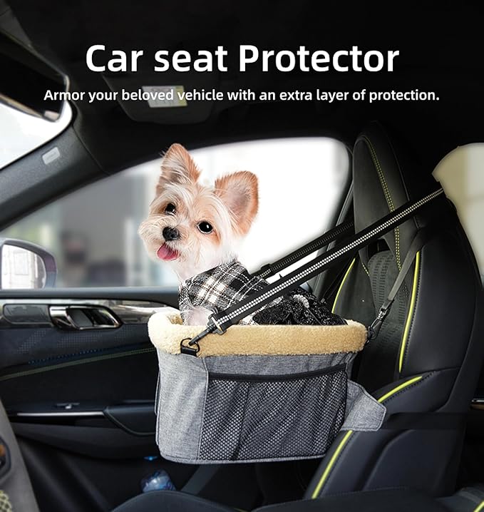 ROODO Deluxe Dog Booster Seat with Height-Adjustable Foldable Metal Frame and Safety Leash,Portable Pet Car Seat for Under 20lb Puppy Cats with Plush Thick Cushion Mesh Window Pockets(Cation Gray