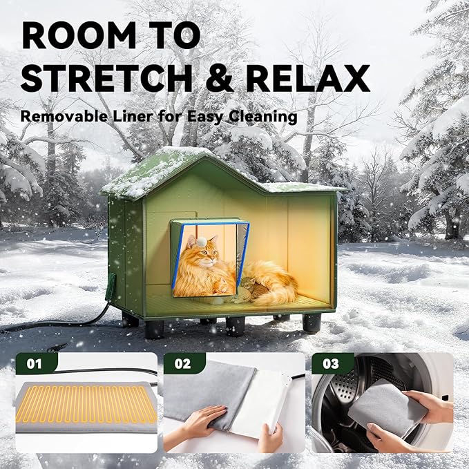 Heated Cat Shelter for Outside, Large Outdoor Cat House with Roof Window and Cozy Cushion, Weatherproof Foldable and Easy Assembly Design, Ideal for Stray and Feral Cats