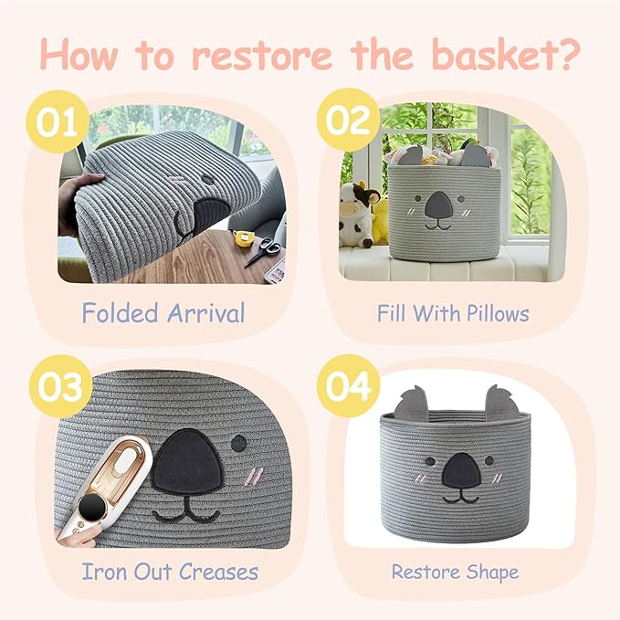 OMERAI Animal Koala Basket, Cute Cotton Rope Woven Large Blanket Basket, Toy Storage for Nursery decor and Laundry Organizer with Handles, baby hamper shower gift, 15" D x 12.6" H, Grey