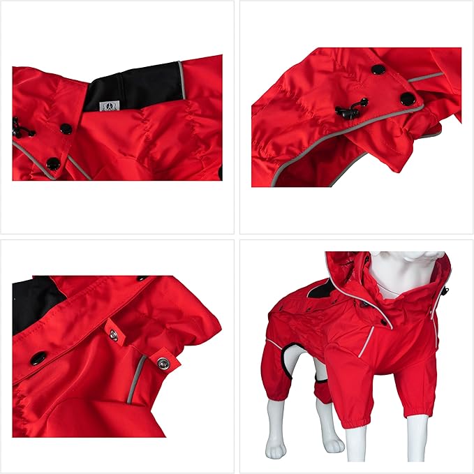 LOVELONGLONG Waterproof Dog Raincoat with Removable Hood – Outdoor Full Body Dog Jacket, Windproof Snowproof Shell Suit – All Season Pet Rain Gear Red S+