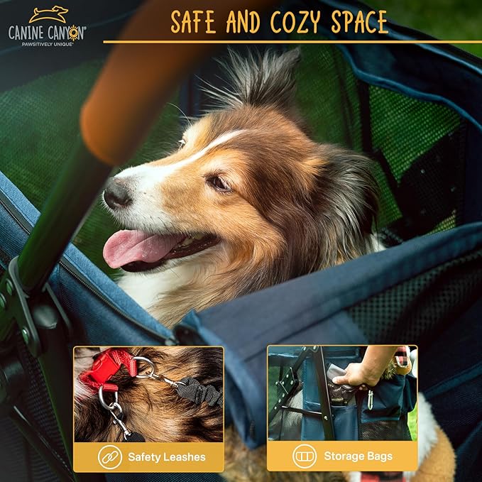 Scout 4 Wheels Pet Stroller for Small/Medium Dogs- One Button Fold, Adjustable Mesh Windows and Shades, 360° Swivel Front Wheels and Rear Wheel Brake, Navy Blue