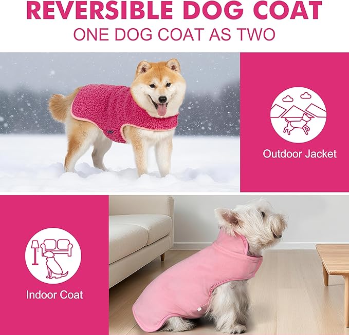 cyeollo Warm Dog Coat Sherpa Dog Winter Coat, Reversible Fleece Dogs Jackets Sweater Vest for Small Medium Dogs Male with Leash Hole, Soft Cold Weather Pet Clothes, Fuchsia XL