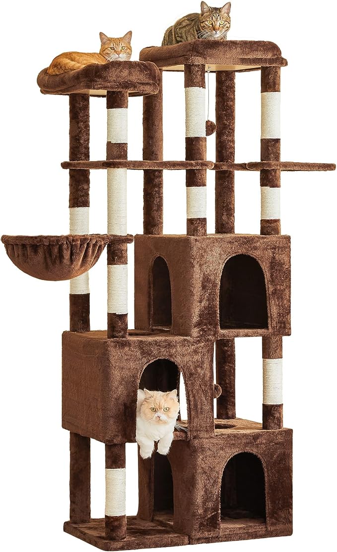 MWPO Extra Large Cat Tree - 70.1-Inch Tall Cat Tower with 3 Cat Condos, Multi-Level Cat Stand for Large Cats Featuring Scratching Posts, Padded Perches, Hammock, Dangling Toys, Brown