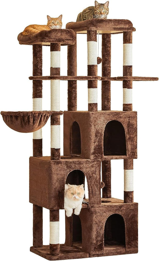 MWPO Extra Large Cat Tree - 70.1-Inch Tall Cat Tower with 3 Cat Condos, Multi-Level Cat Stand for Large Cats Featuring Scratching Posts, Padded Perches, Hammock, Dangling Toys, Brown