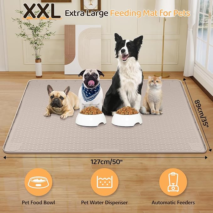 Dog Food Mat, Extra Large 50" x 35" Silicone Pet Feeding Mat with Raised Edge Pet Placemat for Small, Medium, and Large Pets Non-Slip, Easy to Clean (Khaki)