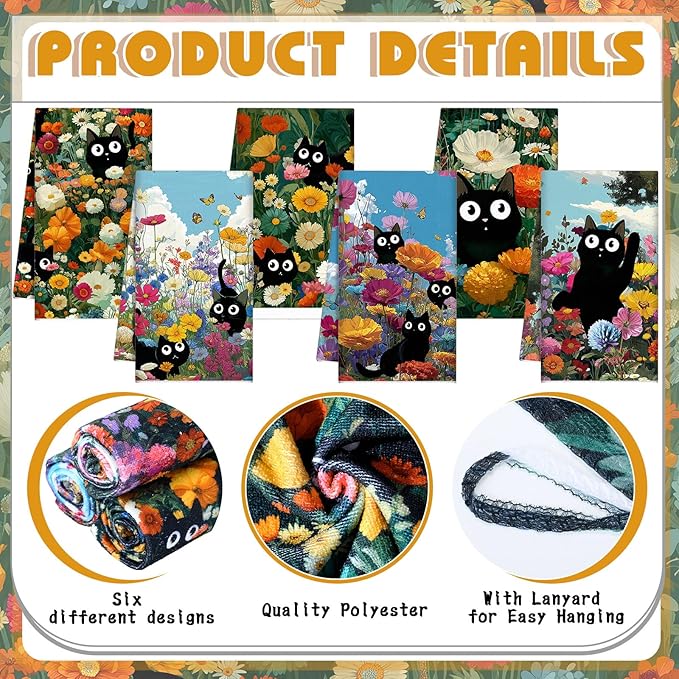 Redbaker 6 Pcs Black Cat Kitchen Towels Retro Wildflower Floral Dish Towel Cute Kitty Absorbent Kitchen Hand Tea Dishcloth with Hanging Loop for Cat Lover Bathroom Home Housewarming Gift