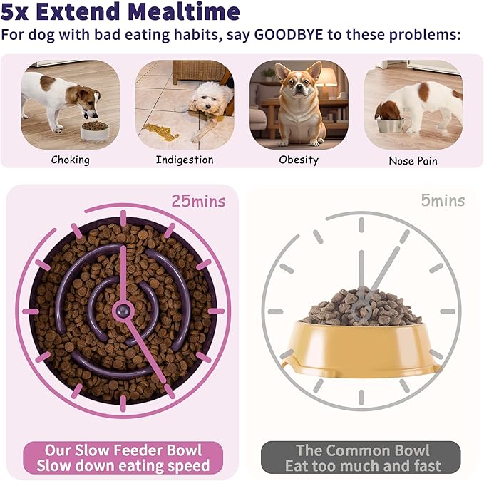 Elevated Slow Feeder Dog Bowl - Ceramic Maze Food Dish with Bamboo Stand - Raised Feeding Bowl for Fast Eaters - Ideal for Small and Medium Dogs - Purple - 6.7 inch