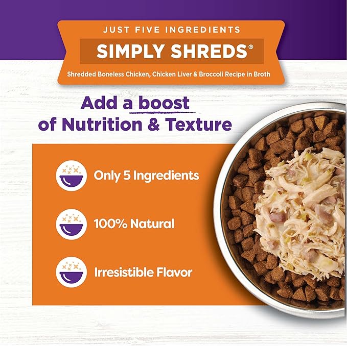 Wellness Bowl Boosters Simply Shreds Wet Dog Food Topper for Small, Medium, & Large Breeds, Grain Free, Natural, Chicken Liver & Broccoli, 2.8 Ounce Pouch (Pack of 12)