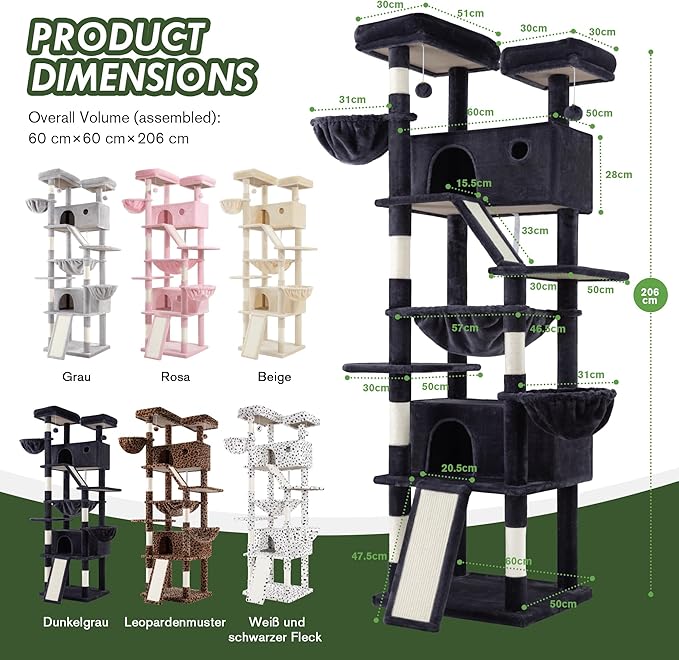 MUTICOR 81 inches Multi-Level Tall Cat Tree Tower for Indoor Kitties/Large Climbing Tree House for Big Feline/Condo/Sisal Scratching Posts/Plush Perches Platforms/Basket Hammock/Dark Grey