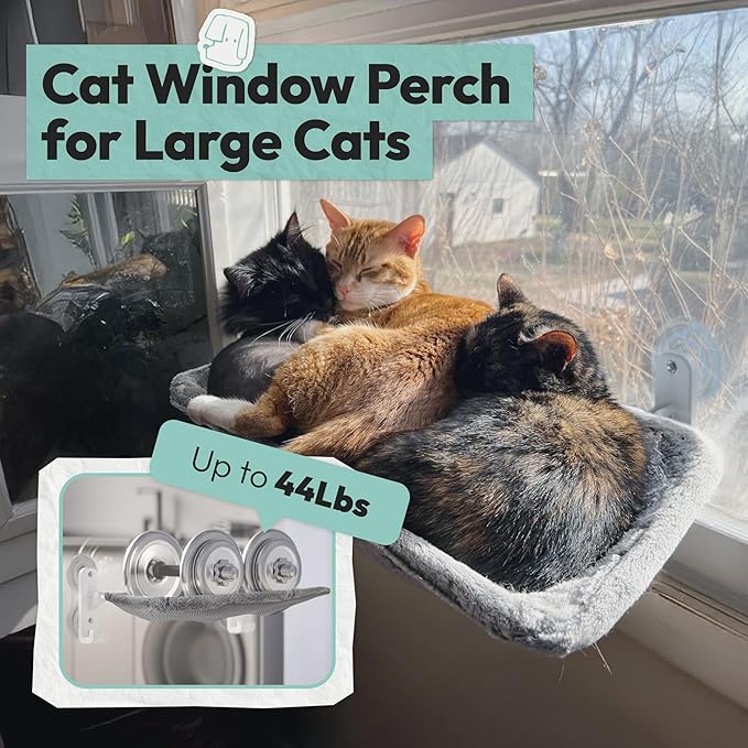 Cordless Cat Window Perch for Large Cats, Glow in The Dark Fabric Cat Hammock for Window with 4 Strong Suction Cups, Easy to Assemble, Foldable Window Seat for Cats Inside, Gray L