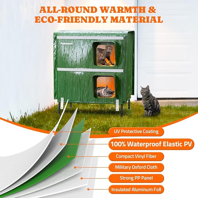 Pawtners Heated Outdoor Cat House for Outside Cats, 26'' XXL 2-Story Insulated Weatherproof Cat Shelter with Heated Pad, Elevated Feet & Escape Door, Warm Kitty House for Feral or Stray Cats in Winter