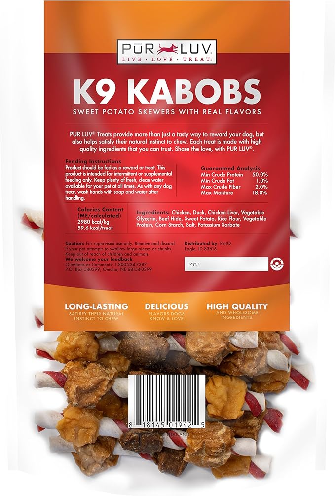 Pur Luv Dog Treats, K9 Kabobs Made with Real Chicken, Duck, and Sweet Potato, 12 Ounces, Dog Snacks, Healthy, Easily Digestible, Long-Lasting, High Protein Treat, Satisfies Urge to Chew