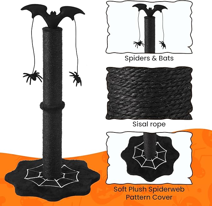 Gothic Cat Scratching Post, Sisal Cat Scratcher with Interactive Hanging Spider Toys, Monster Scratch Pole for Indoor Cats, Halloween Cat Scratch Post for Large Cats, Black
