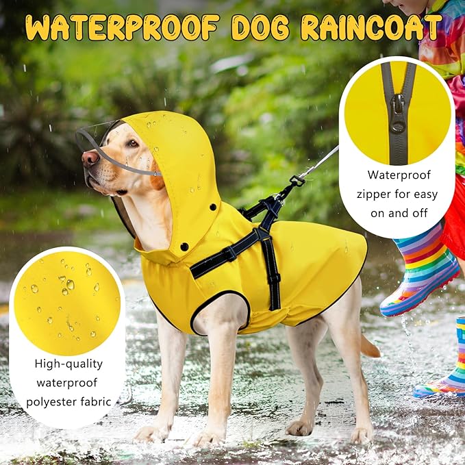 Dog Raincoat: Dog Rain Jacket with Reflective Harness & Removable Hood | Waterproof Dogs Rain Coat Poncho for Large Medium Small Dogs Puppies (Yellow - L)