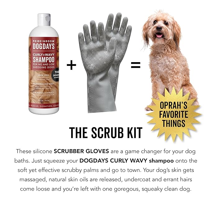 Pride and Groom DogDays Curly + Wavy The Scrub Kit - Natural Dog Shampoo with Silicone Scrubber Gloves for Low or No-Shedding Breeds with Coat Massage, Clean Ingredients, and Gentle Pet Grooming Care