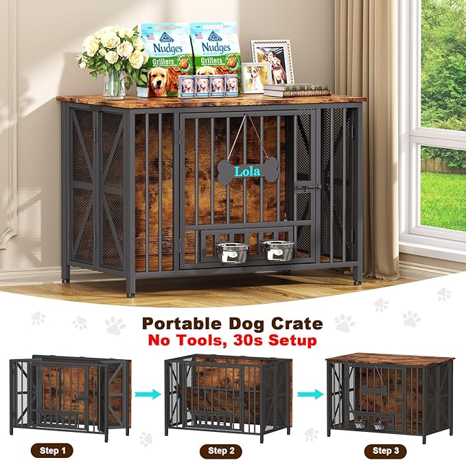 Easycom Foldable Large Dog Crate Furniture, 41.3" Assembly-Free Dog Crates for Large Dogs, Decorative Wooden Dog Kennel Indoor with Tag & Dog Bowls, Dog Cage Use as TV Stand, Rustic Brown