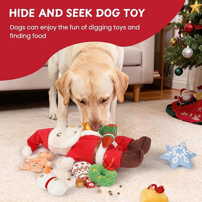Nocciola Hide and Seek Christmas Santa Dog Toys: 9 Packs Vacation Gifts Funny Plush Stuffed Squeaky Crinkle Durable Chew Toys for Small Medium Large Breed