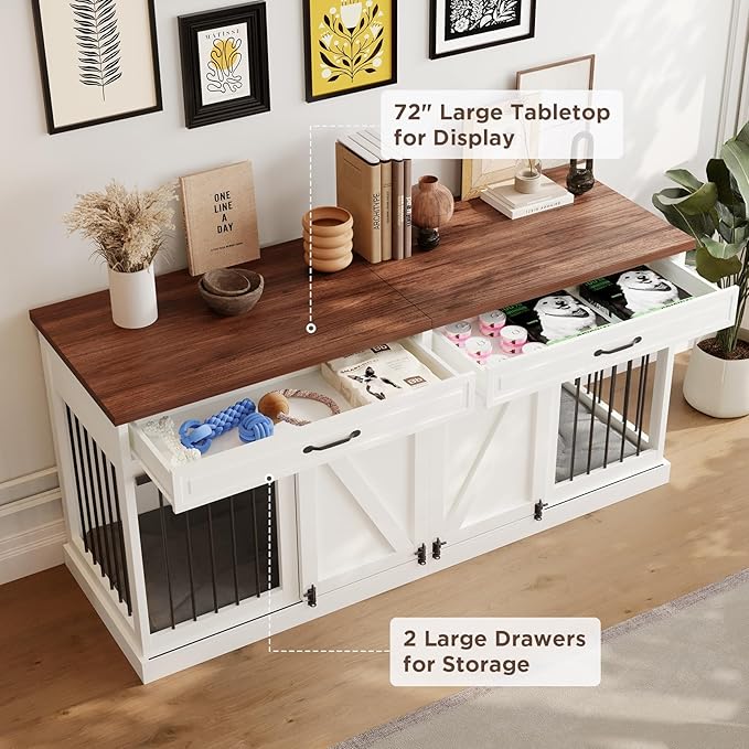 Furniture Style Dog Crate - Indoor Wooden Dog Kennel Furniture with 2 Sliding Barn Doors, 2 Drawers & Room Divider - 72" L x 23.6" W x 34" H - White