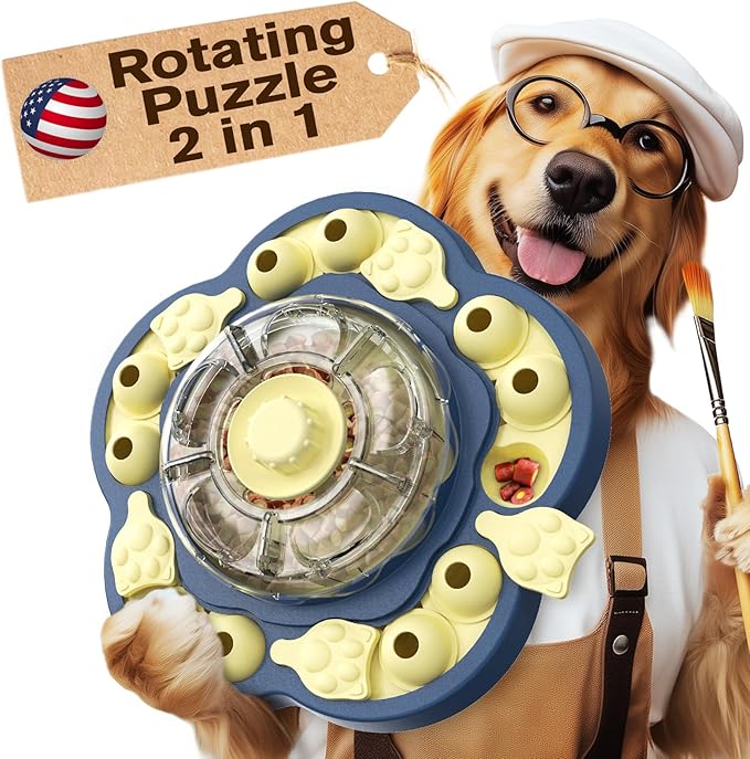KADTC U.S. Brand & Design All in ONE -3 Levels of Challenge Spinning Dog Puzzle Toy for Small/Medium/Large Dogs Puzzles Feeder Treat Slow Dispenser Puppy Food Dispensing Enrichment Thanksgiving Toys