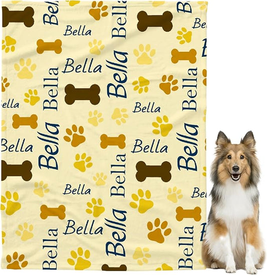 Custom Pet Name Blanket Personalized Dogs Customized Puppy ,Dog Gift for Dog Lovers Mom Dad Cute Paw Prints Soft Flannel Throw Bed Sofa Travel Medium 60''x50'' Teens Dog Paw Print Bone-1