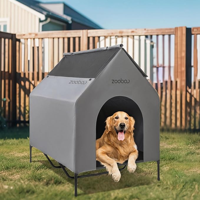 48" XL Outdoor Dog House – Weatherproof Elevated Pet Shelter, Breathable Mesh & Steel Frame, Easy to Assemble & Clean, Large Dog Houses for All Seasons (Grey)