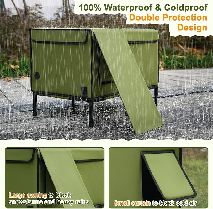 Palopalo Dewproof Heated Cat House for Outdoor Winter, Insulated Discreet Pet Shelter with Waterproof Heating Pad & Escape Door for Feral, Stray, Barn Kitty Cats (Army Green, 24.8" x 16.5" x 18.1")