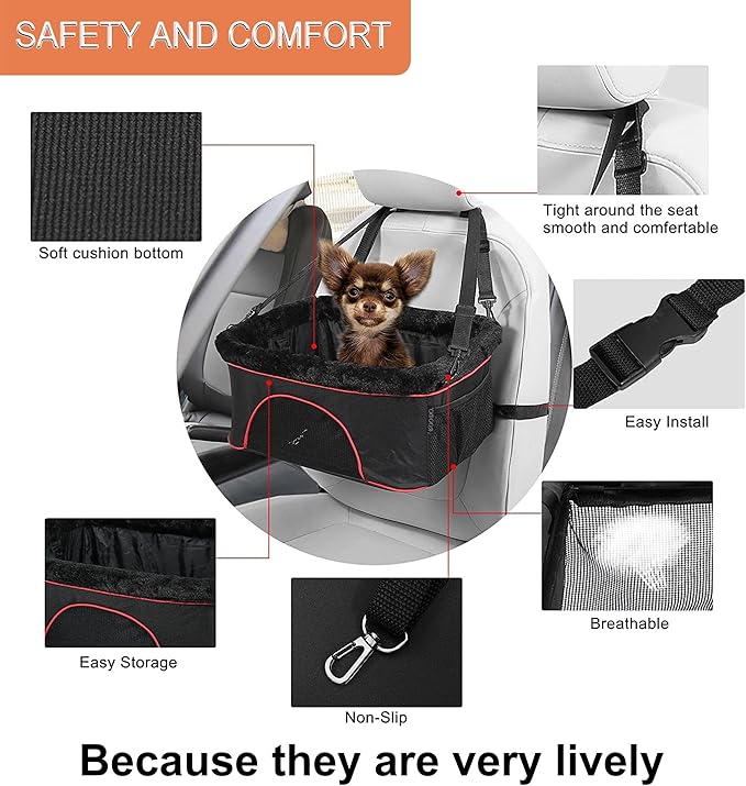 ROODO Deluxe Dog Booster Seat with Height-Adjustable Foldable Metal Frame and Safety Leash,Portable Pet Car Seat for Under 20lb Puppy Cats with Plush Thick Cushion Mesh Window Pockets(Black)