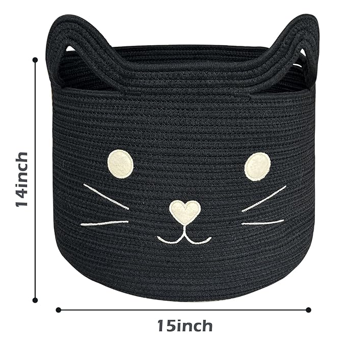VK VK·LIVING Large Cat Toy Basket with Handles 15" Lx14 H Cotton Rope Toy Box with Black Cat Design, Gift Basket for Laundry, Baby, Towels, Blankets, Woven Cotton Rope Animal Storage Organizer