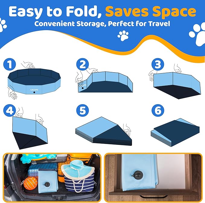 97" x 12" Foldable Dog Pool - Collapsible Hard Plastic Kiddie Pool for Dogs & Kids, Non-Slip Pet Bath Tub for Outdoor Backyard Use, Lightweight & Portable (Blue)