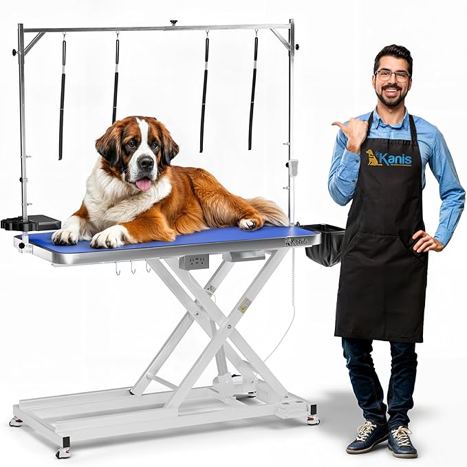 KANIS Professional Electric Dog Grooming Table - Heavy Duty, Height Adjustable Pet Grooming Table w/Leveling Wheels, Grooming Arm, Anti Slip Tabletop & Tool Organizer/Dog Grooming Station (60", WHITE)