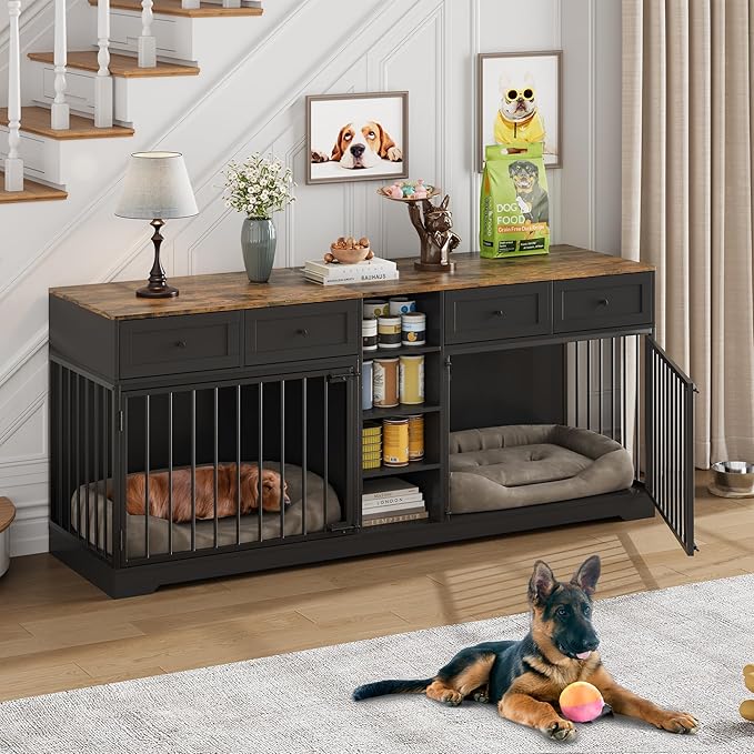 GarveeHome 82” Double Dog Crate Furniture, Large Dog Kennel Indoor for 2 Dogs, Heavy Duty Wooden Dog Crate TV Stand with 4 Drawers and Shelves, Black
