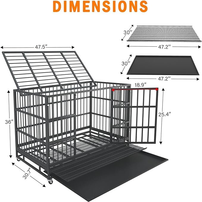 48/42/38 inch Heavy Duty Indestructible and Escape-Proof Dog Crate Cage Kennel for Large Dogs, High Anxiety Dog Crate with Removable Wire Trays and Wheels, Extra Large XL XXL