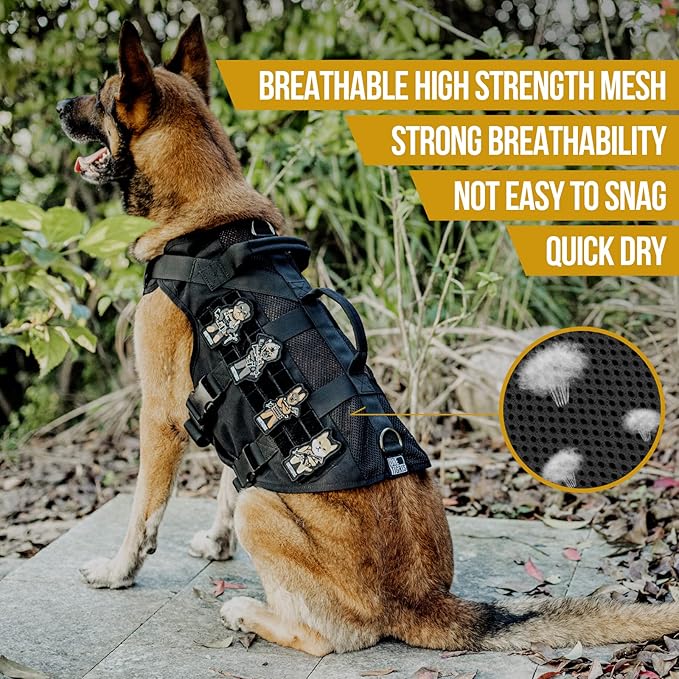 OneTigris No Pull Tactical Dog Harness for Medium Large Dogs, Mesh Design Breathable Military Dogs Molle Vests with Handles, Service Dog Vest Harness for Walking Hiking Training (XL, Black)