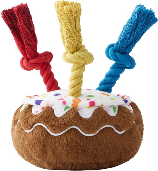 LE SURE Dog Birthday Cake Toy - Cute Squeaky Dog Birthday Toy for Gentle Chewers with Interactive Tug Rope, Plush Interactive Toy for Adult Dogs Birthdays Party, Standard, Milk Chocolate