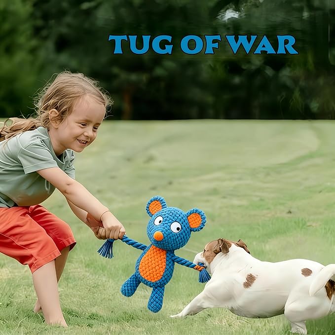 Plush Mouse Dog Toy – Durable Squeaky Toy with Rope Arms for Chewing & Tug of War | Soft Textured Stuffed Animal Toy for Small & Medium Dogs | Interactive & Cute Pet Gift