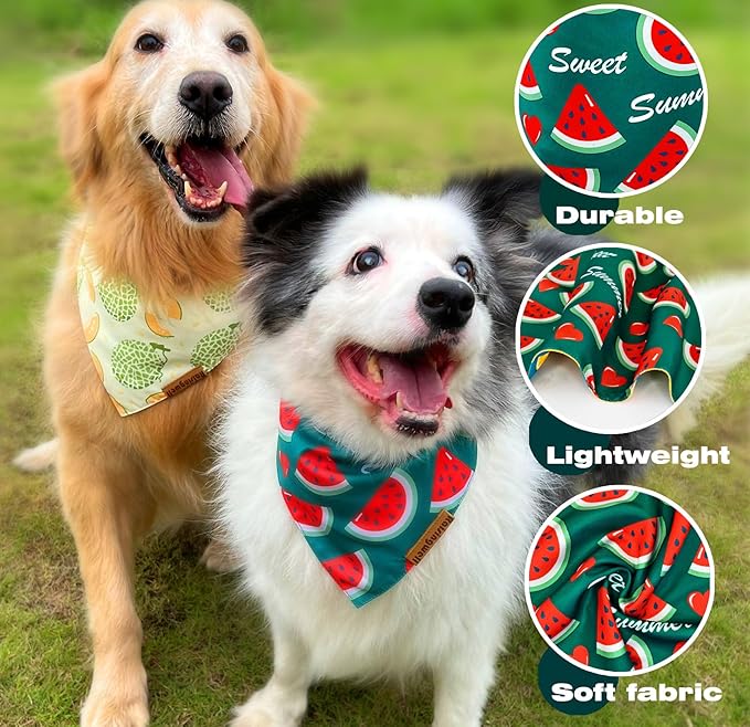 Cute Fruit Dog Bandanas 2 Pack, 4 Patterns Watermelon Lemon Orange Melon, Summer Dog Bibs for Large and XL Breed, Reversible Boy and Girl Pet Scarf（Small）