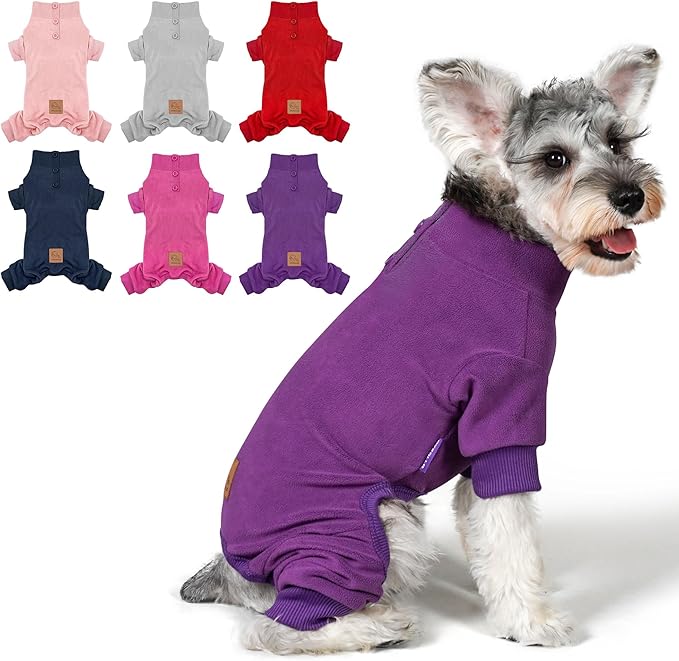 cyeollo Dog Pajamas for Small Dogs Thermal Fleece Dog Pjs Winter Coat Jumpsuit for Dogs Soft Onesie Warm Pet Clothes Apparel, Color Purple L